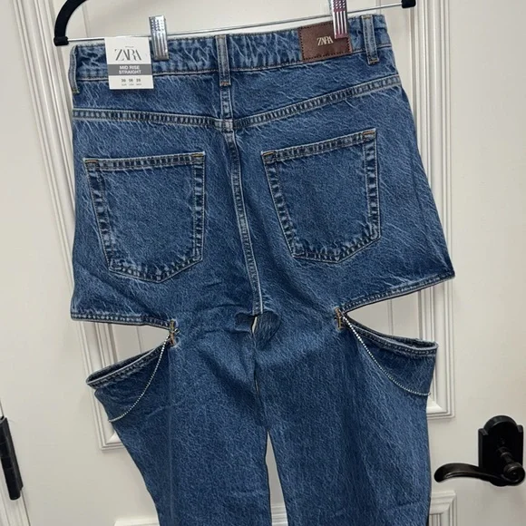 Zara MID WAIST STRAIGHT LEG CUT OUT JEWEL JEANS studded pants denim wide leg - Picture 11 of 11